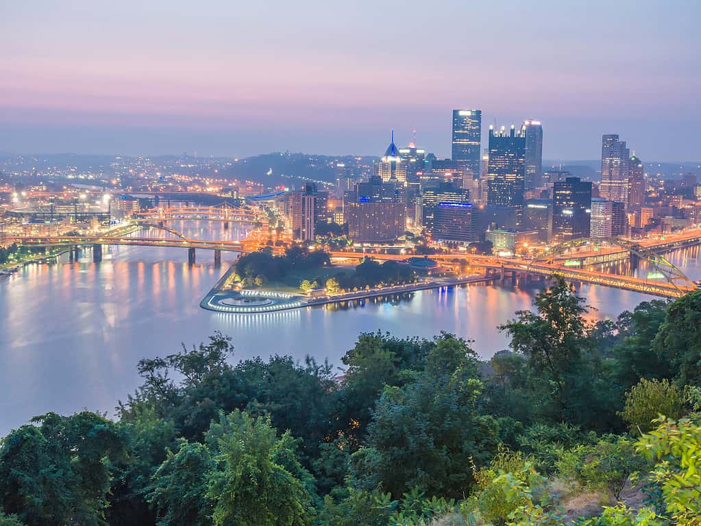 I fiumi Allegheny e Monongahela convergono nell'Appalachia occidentale per formare il fiume Ohio sotto i grattacieli di Pittsburgh.