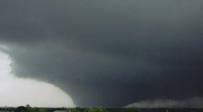 Un tornado oscura il cielo sopra un campo di grano.