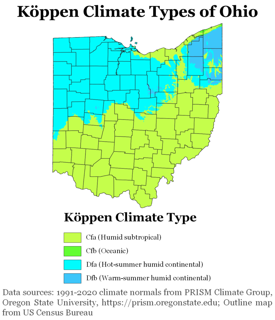 Tipi di clima di Köppen dell'Ohio, utilizzando le normali climatiche 1991-2020.