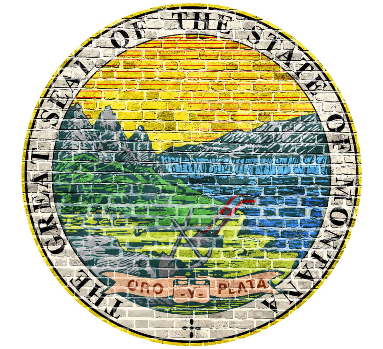 Bandiera degli Stati Uniti della guarnizione del Montana dipinta su vecchio muro di mattoni dell'annata