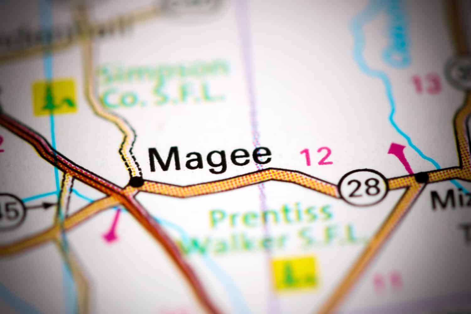 Magee.  Mississippi.  Stati Uniti su una mappa