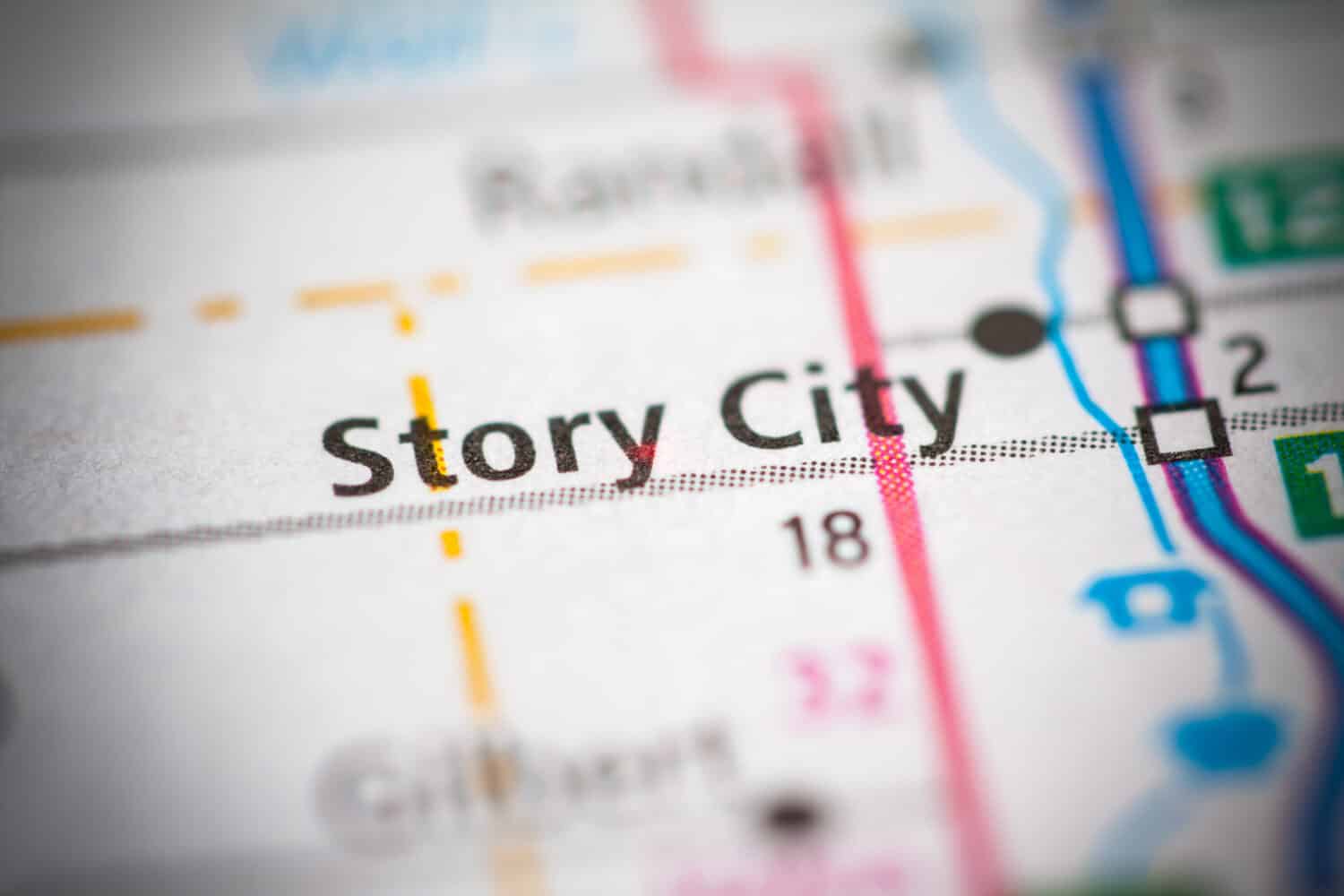 una mappa ravvicinata di Story City.  Iowa.  STATI UNITI D'AMERICA.