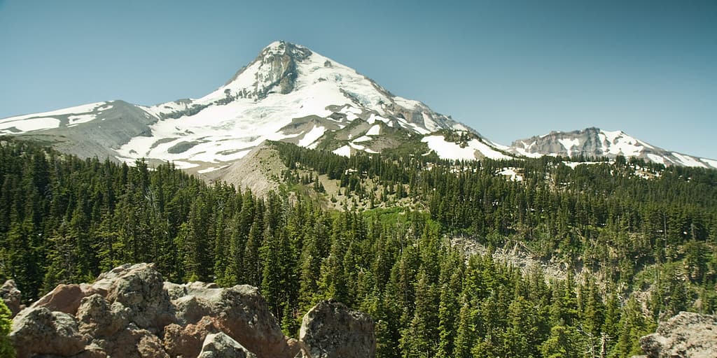 Vista al vertice di Mt. Hood con alberi e rocce in primo piano dal sentiero Cooper Spur