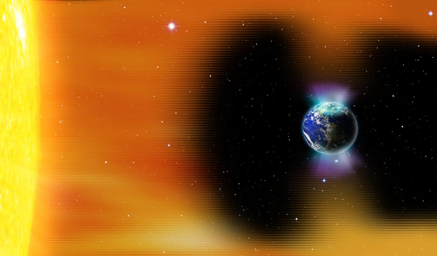 Il campo magnetico del pianeta Terra contro il vento solare e l'aurora del Sole "Elementi di questa immagine forniti dalla NASA"
