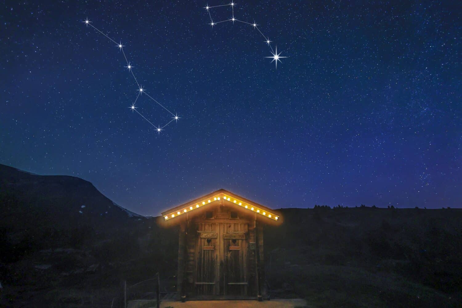 Una vera scena notturna su una baita di montagna con cielo stellato che mostra la costellazione dell'orso maggiore e dell'orsetto e la stella polare