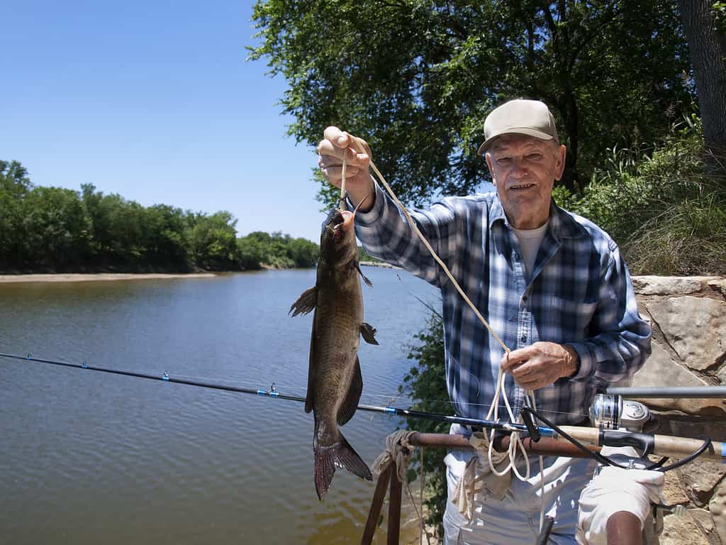 Uomo anziano che mostra il pesce gatto che ha catturato nel fiume