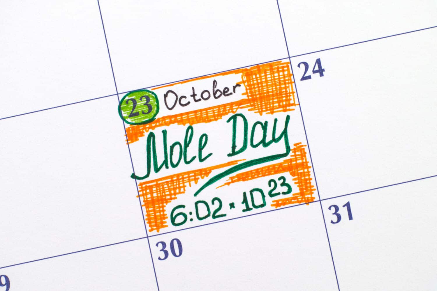 Promemoria Mole Day nel calendario.  Il Mole Day è una festa non ufficiale celebrata tra i chimici il 23 ottobre, tra le 6:02 e le 18:02.  L'ora e la data derivano dal numero di Avogadros.