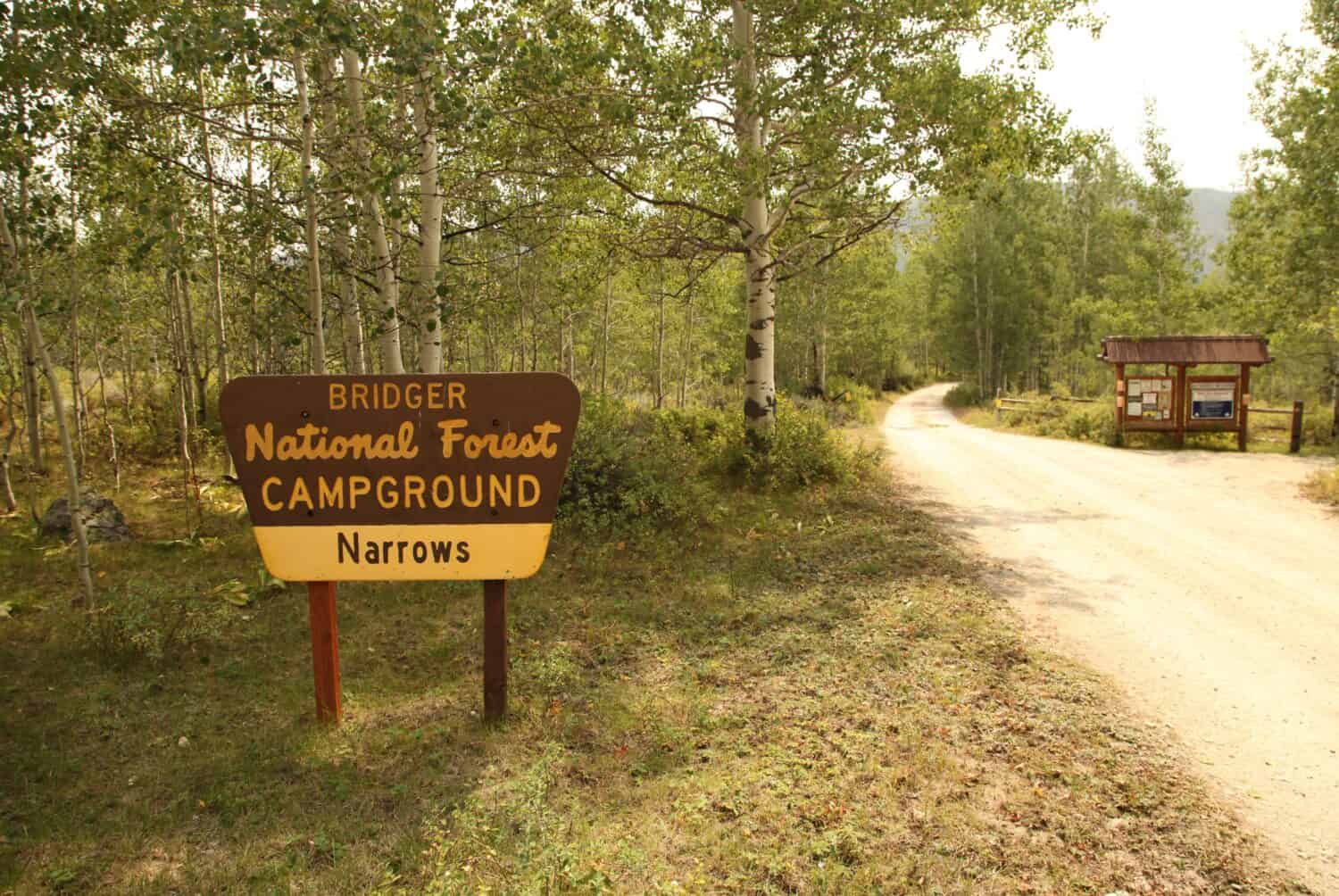 Cartello d'ingresso per Bridger-Teton National Forest The Narrows Campground a Wind River Range, Wyoming