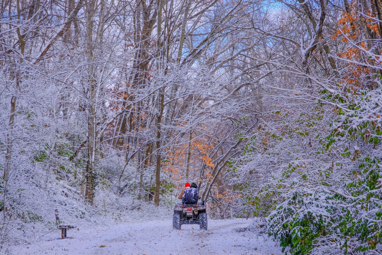 Uomo e donna alla guida di un veicolo fuoristrada lungo il sentiero innevato attraverso splendidi boschi innevati nel Missouri, Midwest