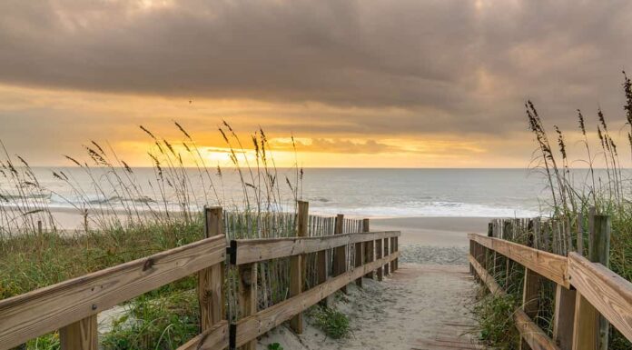 Alba lungo la passerella su una duna di sabbia a Myrtle Beach, nella Carolina del Sud