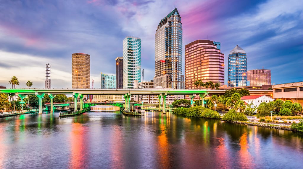 Tampa, Florida, USA skyline del centro sul fiume Hillsborough.