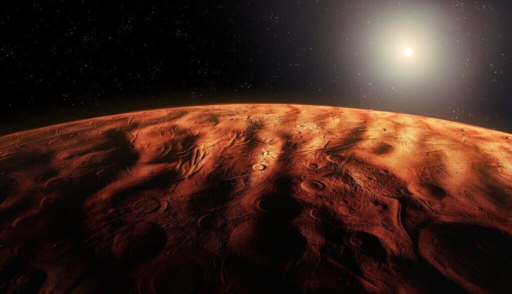 Pianeta Marte, vista dall'orbita.  Rilievi e crateri sulla superficie del pianeta rosso del deserto.  Paesaggio cosmico.