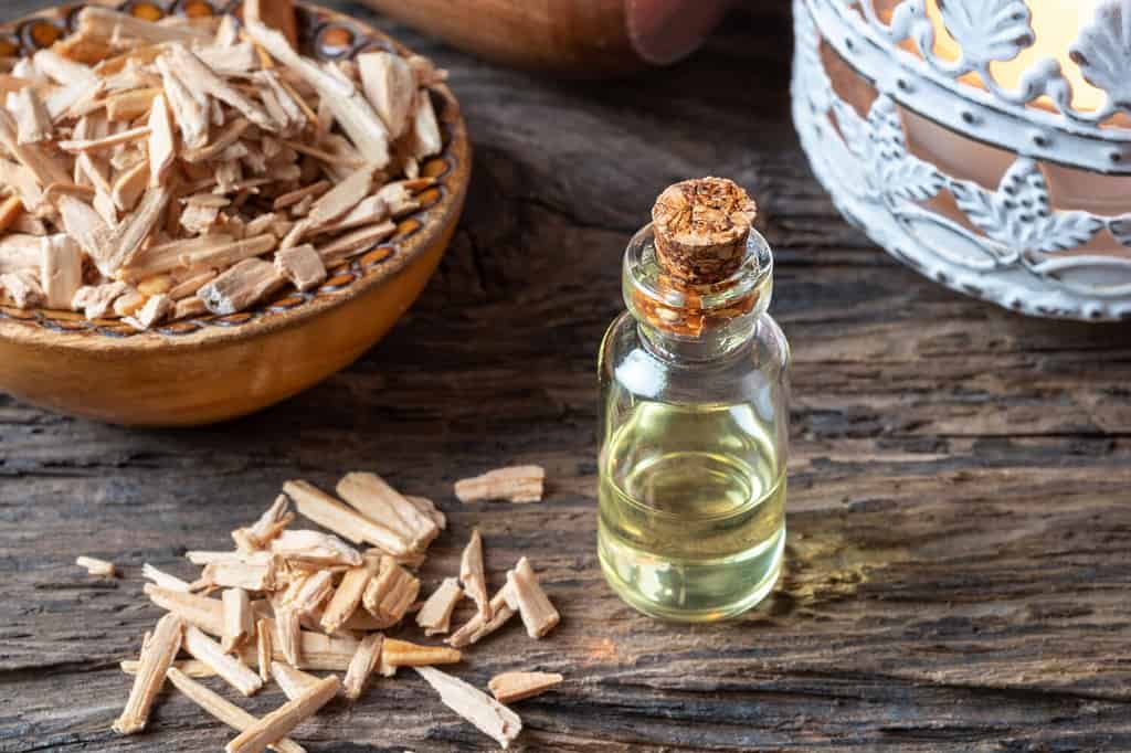 Una bottiglia di olio essenziale con trucioli di legno di cedro