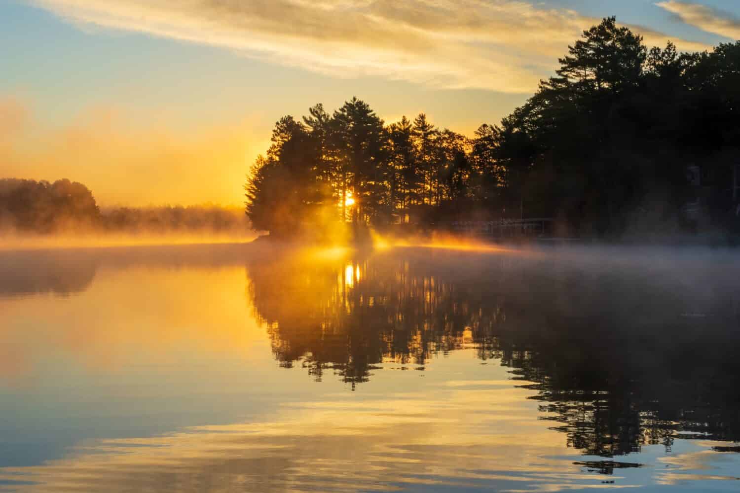 Sole che sorge su un lago in una mattinata nebbiosa