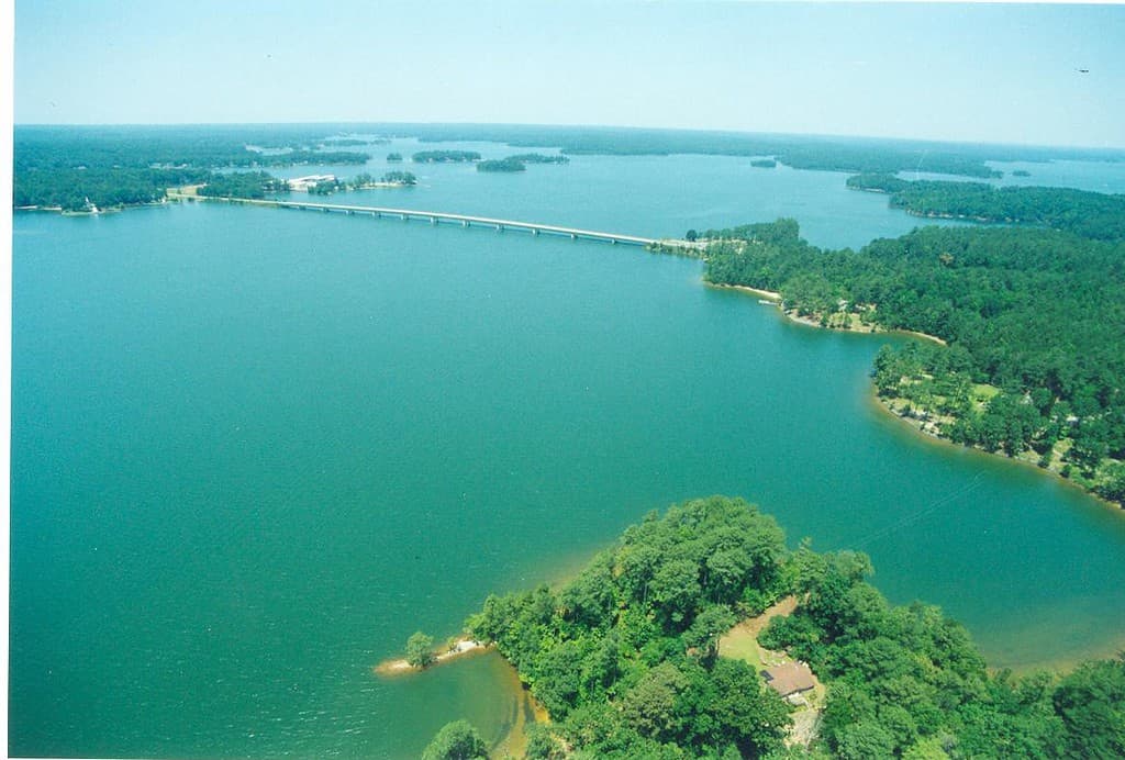 Vista aerea di un lago artificiale circondato da alberi e vegetazione lussureggiante.