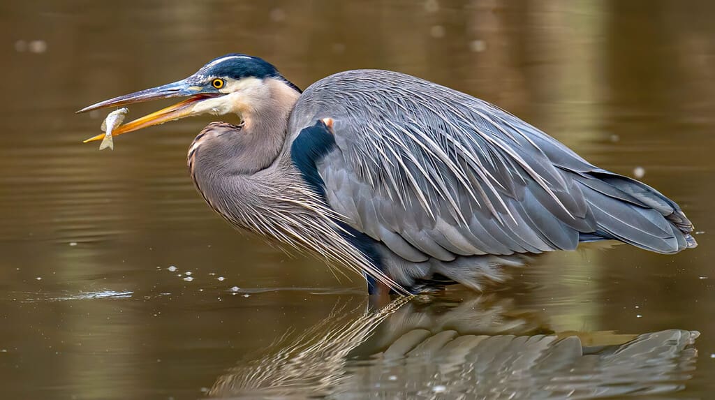 Great Blue Heron alla ricerca e alla cattura di un pasto di pesce