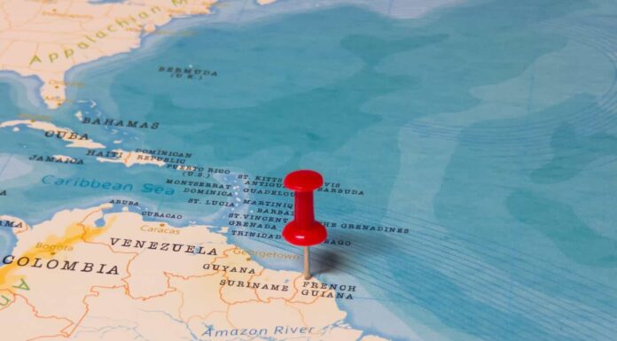 Una spilla rossa sulla Guyana francese della mappa del mondo