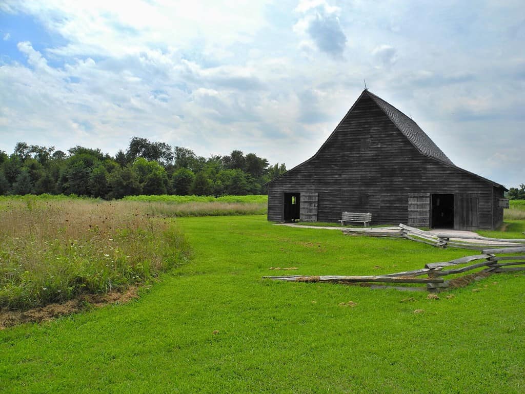 Uno dei vecchi edifici della storica St. Mary's City, che fu la prima capitale del Maryland (Stati Uniti d'America).  Il tempo si è fermato qui nel XVII secolo.  Erba verde e costruzione in legno.  Campi.