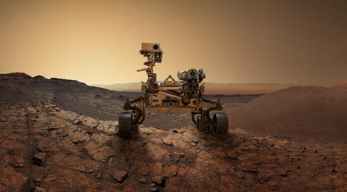 Mars 2020 Perseverance Rover sta esplorando la superficie di Marte.  Perseverance rover Mission Mars esplorazione del pianeta rosso.  Esplorazione dello spazio, concetto di scienza.  .Elementi di questa immagine forniti dalla NASA.