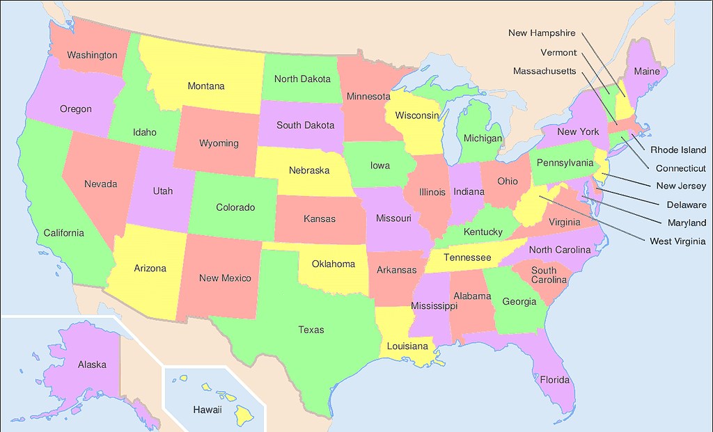 Mappa degli Stati Uniti con i nomi degli stati