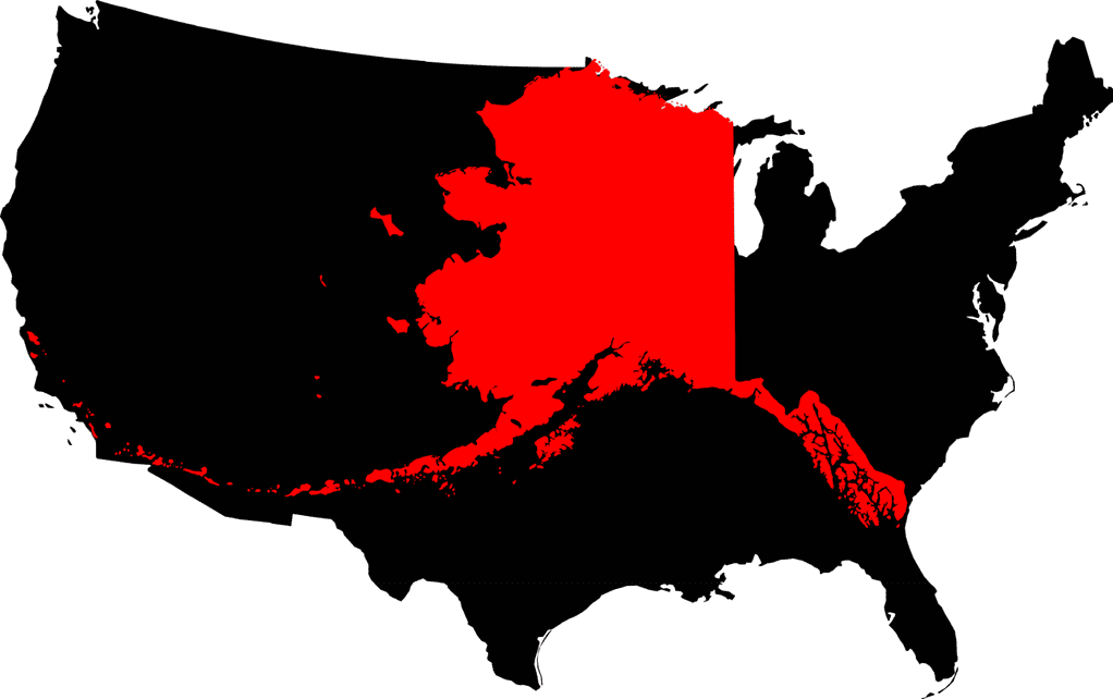 Confronto delle dimensioni dello Stato dell'Alaska rispetto ai 48 Stati inferiori