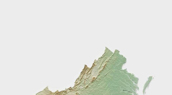 Mappa topografica in rilievo della Virginia - rendering 3D