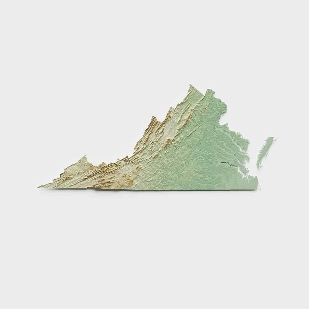Mappa topografica in rilievo della Virginia - rendering 3D