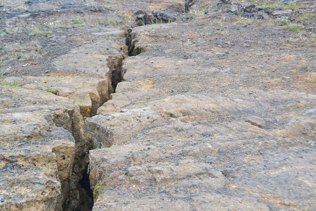 Primo piano di una linea di faglia o frattura nella terra in Islanda