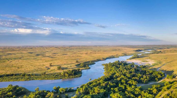 poco profondo e largo fiume triste che scorre attraverso Nebraska Sandhills a Nebraska National Forest, veduta aerea del paesaggio estivo mattutino