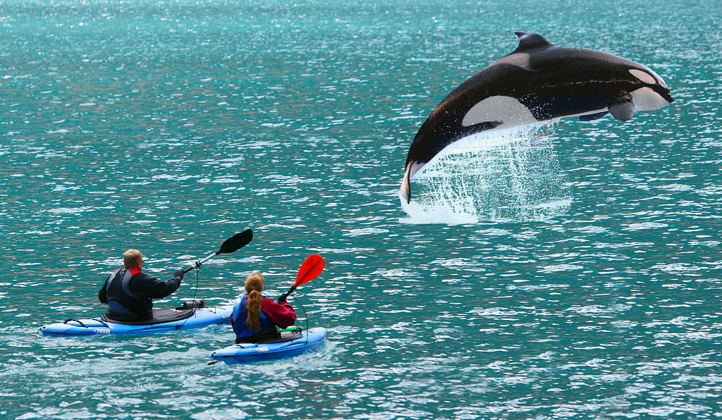 L'orca che salta davanti a due kayak da mare