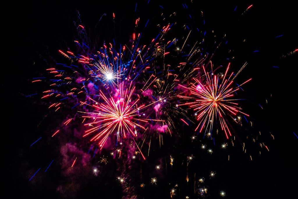 Molti fuochi d'artificio multicolori che esplodono nel cielo di notte