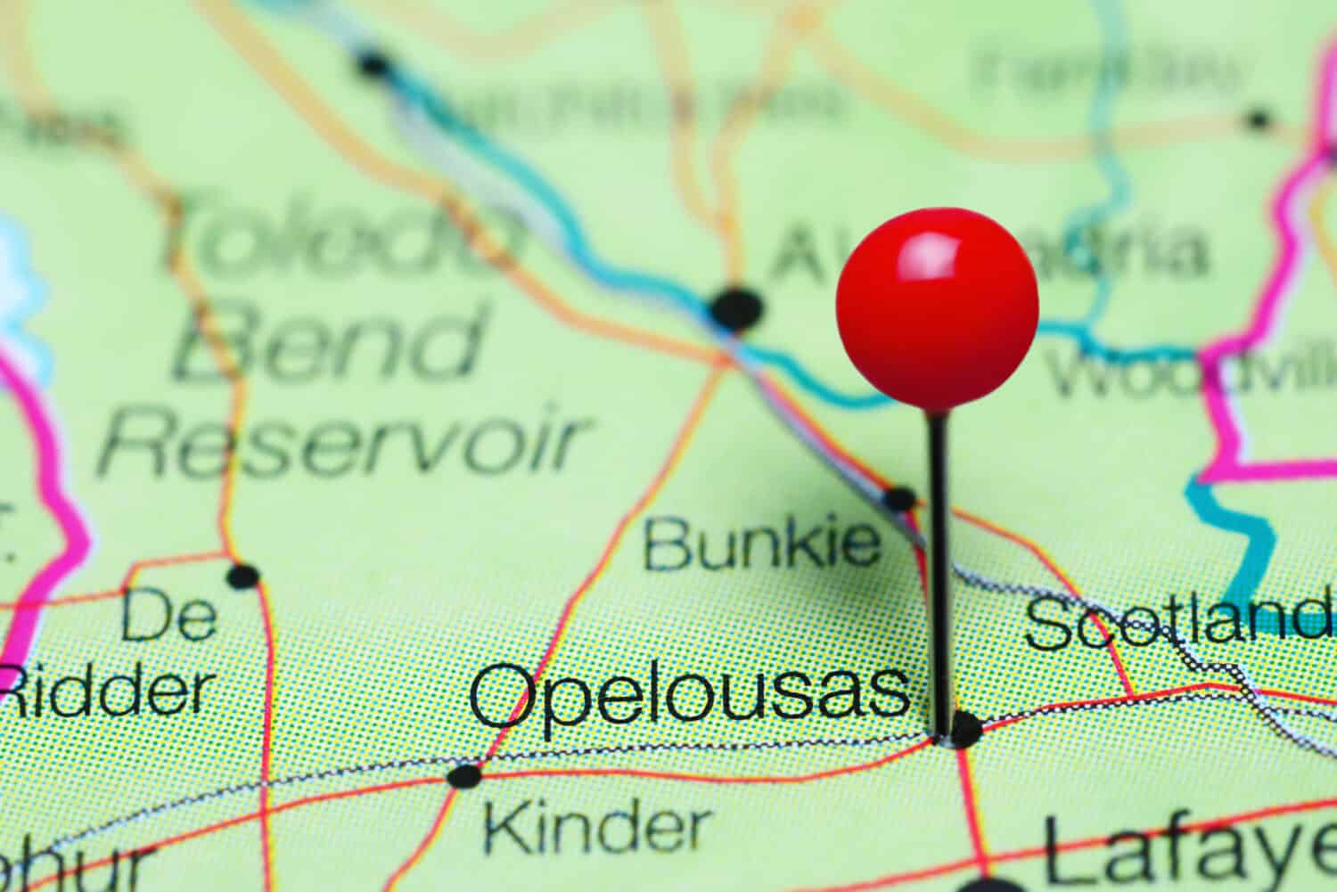 Opelousas imperniata su una mappa della Louisiana, Stati Uniti d'America