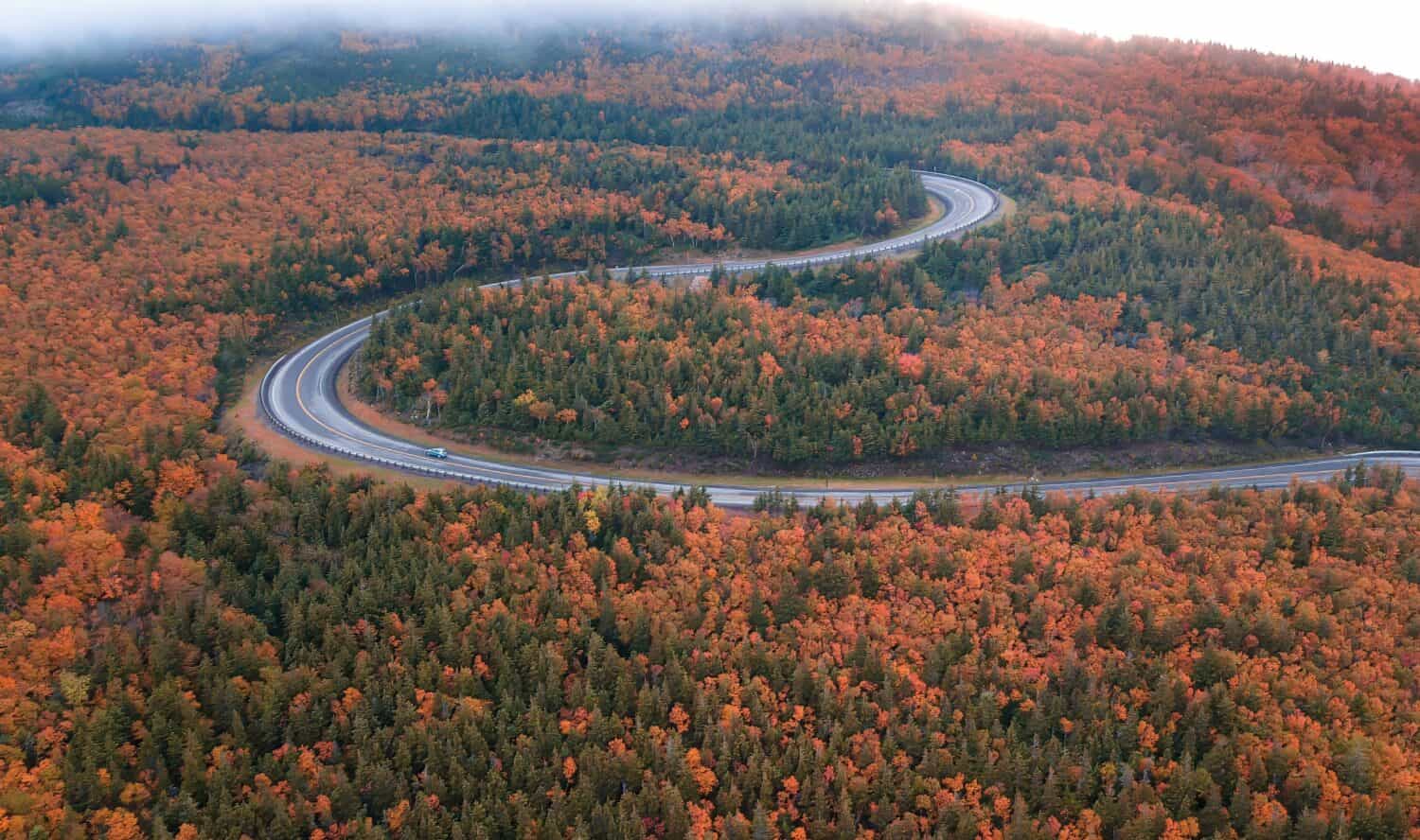 Strade tortuose del famoso Cabot Trail, Cape Breton Highlands nella stagione autunnale di punta con alberi decidui di colore misto.