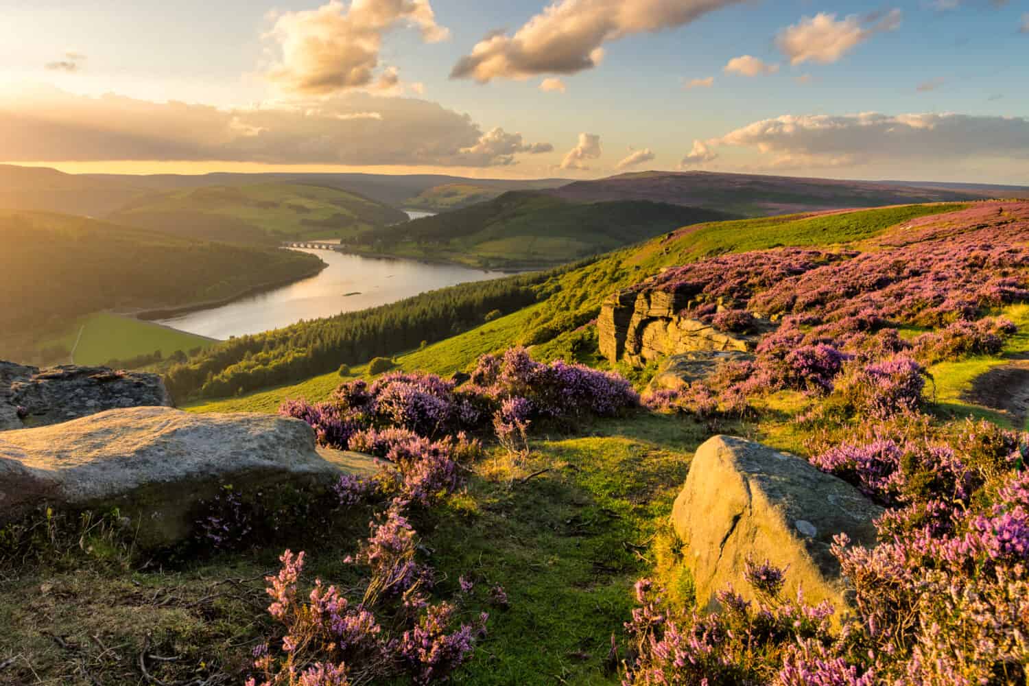 Bella luce serale in una sera d'estate a Bamford Edge nel Peak District National Park.