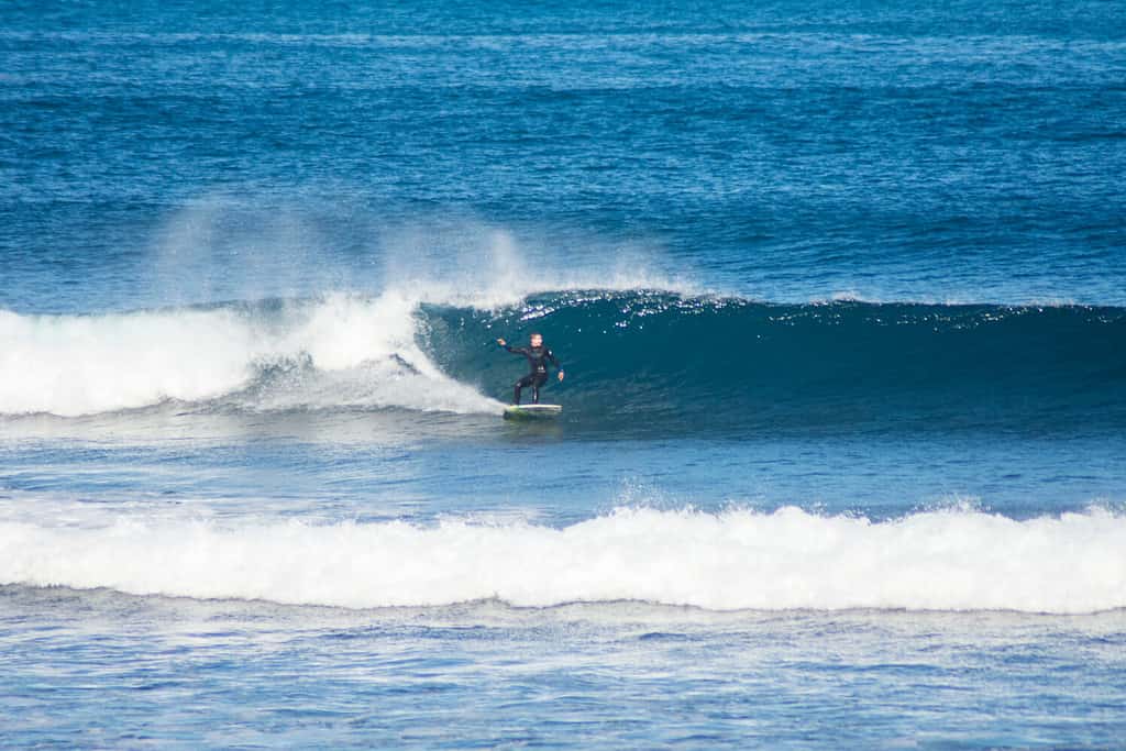 Surfista che si gode le onde a Cactus Beach, South Australia