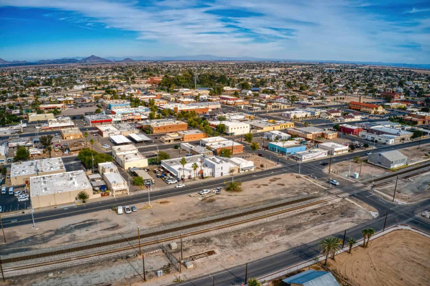 Vista aerea del centro cittadino nel sobborgo di Phoenix di Casa Grande, Arizona