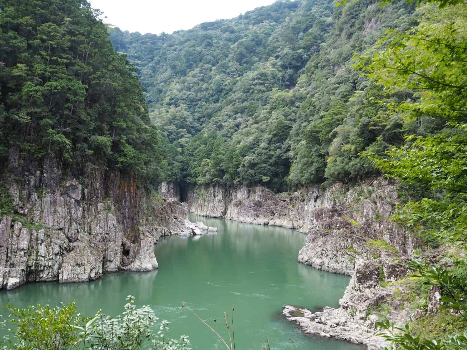 Vista della bellissima valle con acqua di fiume verde e ripide scogliere (Dorokyo Gorge, fiume Kumano, Giappone)