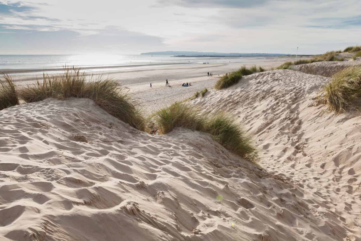 Camber Sands, spiaggia sabbiosa del villaggio di Camber, East Sussex vicino a Rye, Inghilterra, l'unico sistema di dune di sabbia nell'East Sussex.  Vista delle dune, erba, mare, messa a fuoco selettiva