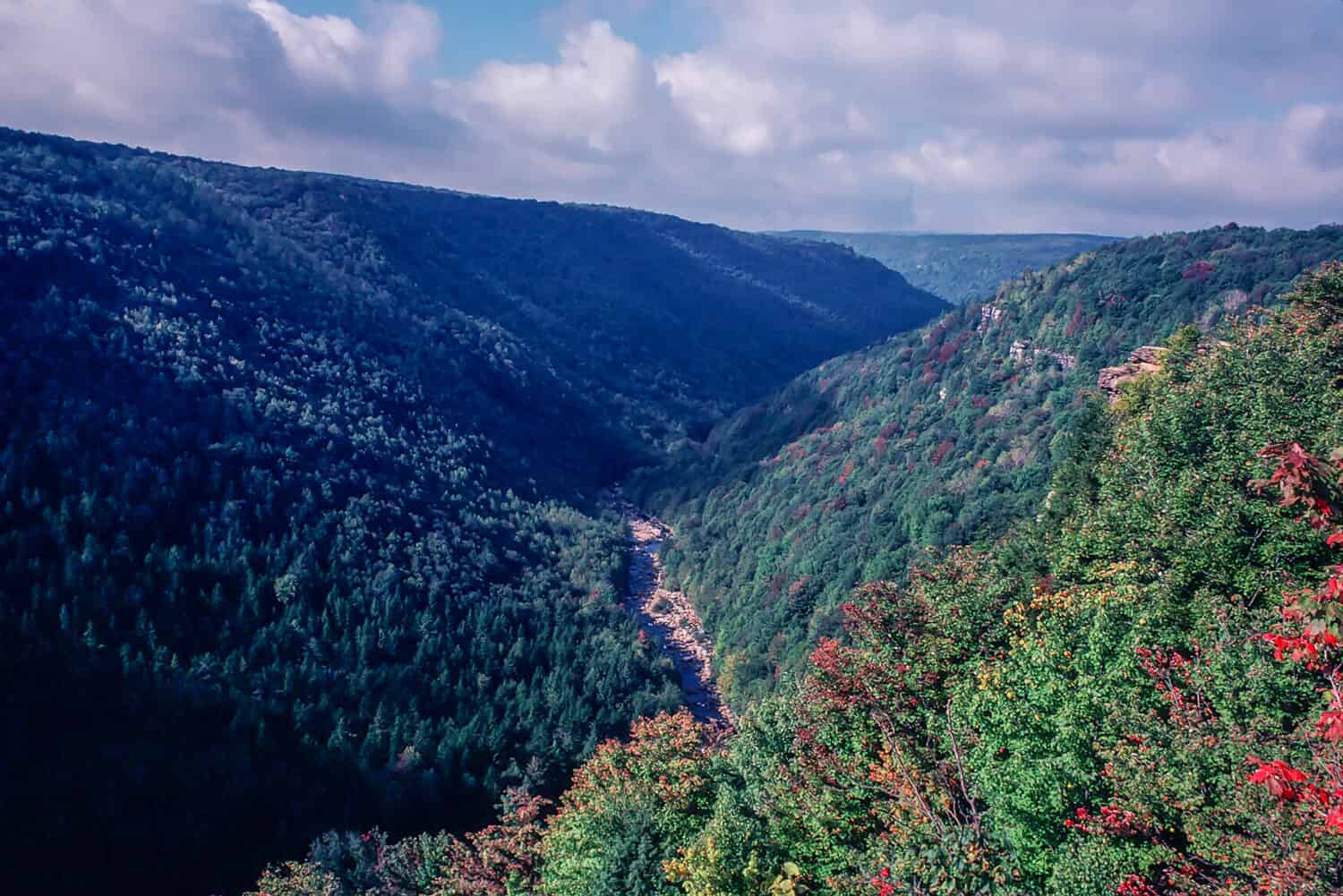 Vista sul trogolo Hampshire County West Virginia USA - gola boscosa con fogliame autunnale, lontano letto del torrente tra creste montuose