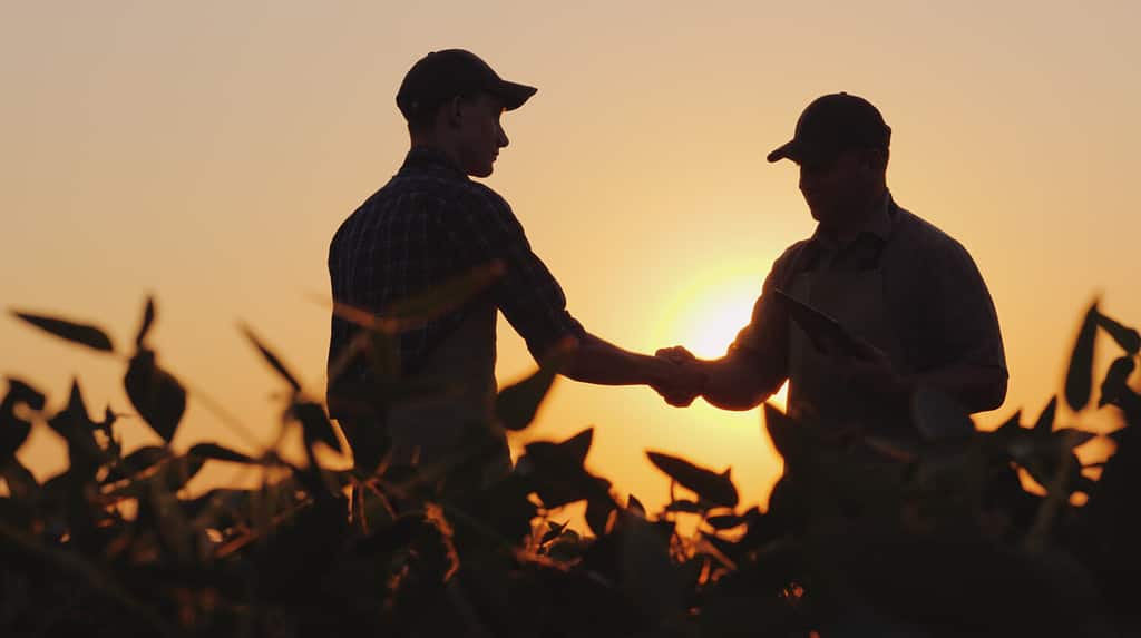 Due contadini parlano sul campo, poi si stringono la mano.  Usa una tavoletta