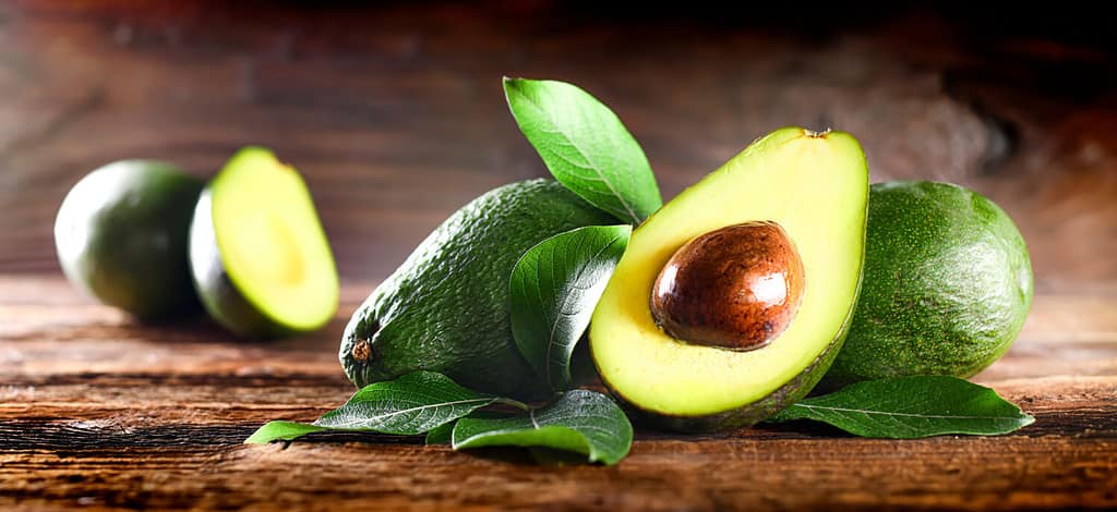 Avocado sulla tavola di legno rustica.  Frutta cruda cibo verde sano.  Ampio banner o concetto panoramico di avocado