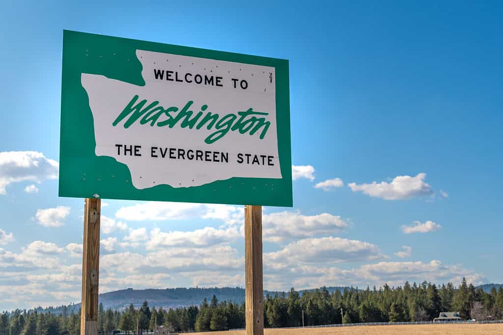 Un cartello stradale con il benvenuto nello Stato di Washington, lo stato sempreverde scritto su di esso con un ambiente rurale e un cielo blu dietro.
