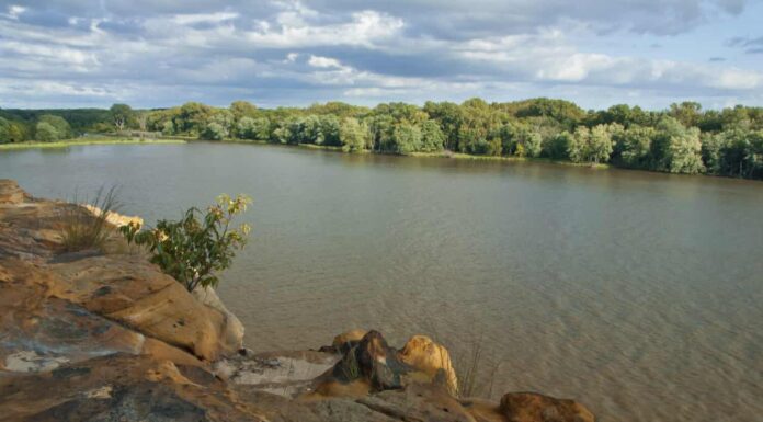 Il fiume Illinois scorre pigramente sulle scogliere del Buffalo Rock State Park in una sera d'estate