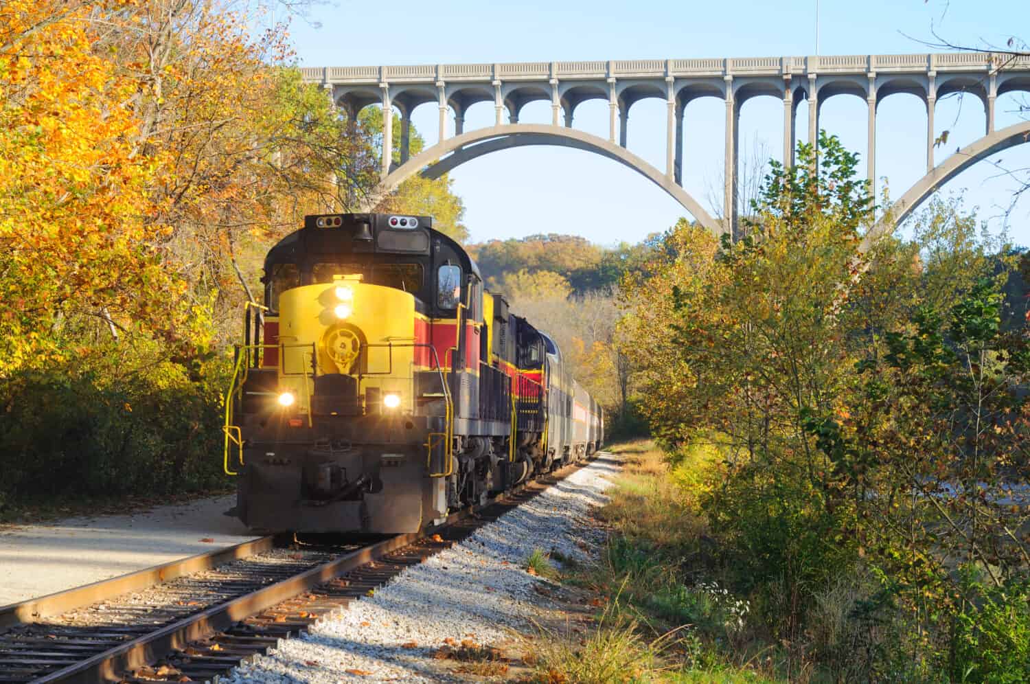 Un treno passeggeri in arrivo sotto un alto ponte ad arco in una zona panoramica