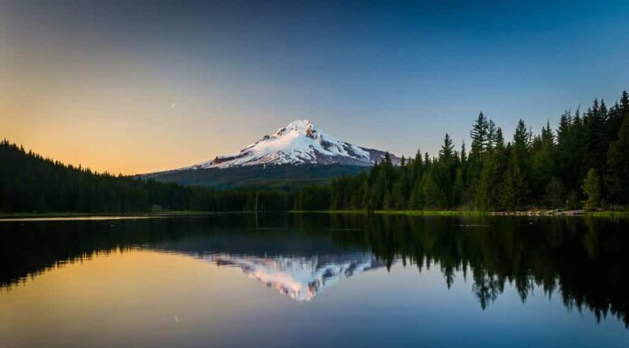 Mount Hood riflettendo nel lago Trillium al tramonto, nella foresta nazionale di Mount Hood, Oregon.