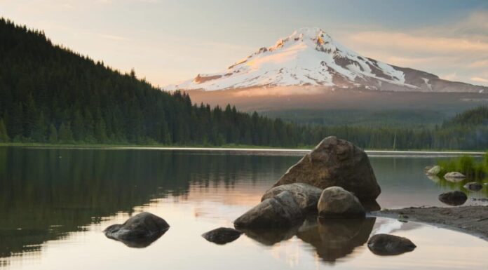 La montagna del vulcano Mt. Hood, in Oregon, USA.  Al tramonto con riflesso sull'acqua del lago Trillium.