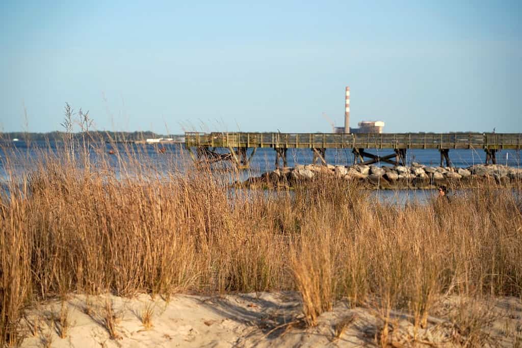 Il fiume York e la spiaggia di Yorktown Virginia USA con vista sul ponte Coleman e sulla baia di Chesapeake