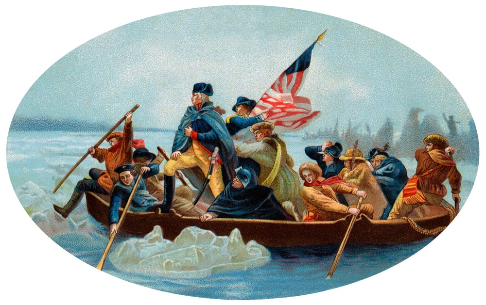 George Washington Crossing the Delaware - Una riproduzione cromolitografica ovale del 1908 del dipinto di Emanuel Leutze (1851) della traversata a sorpresa di Washington del 26 dicembre 1776 nella battaglia di Trenton