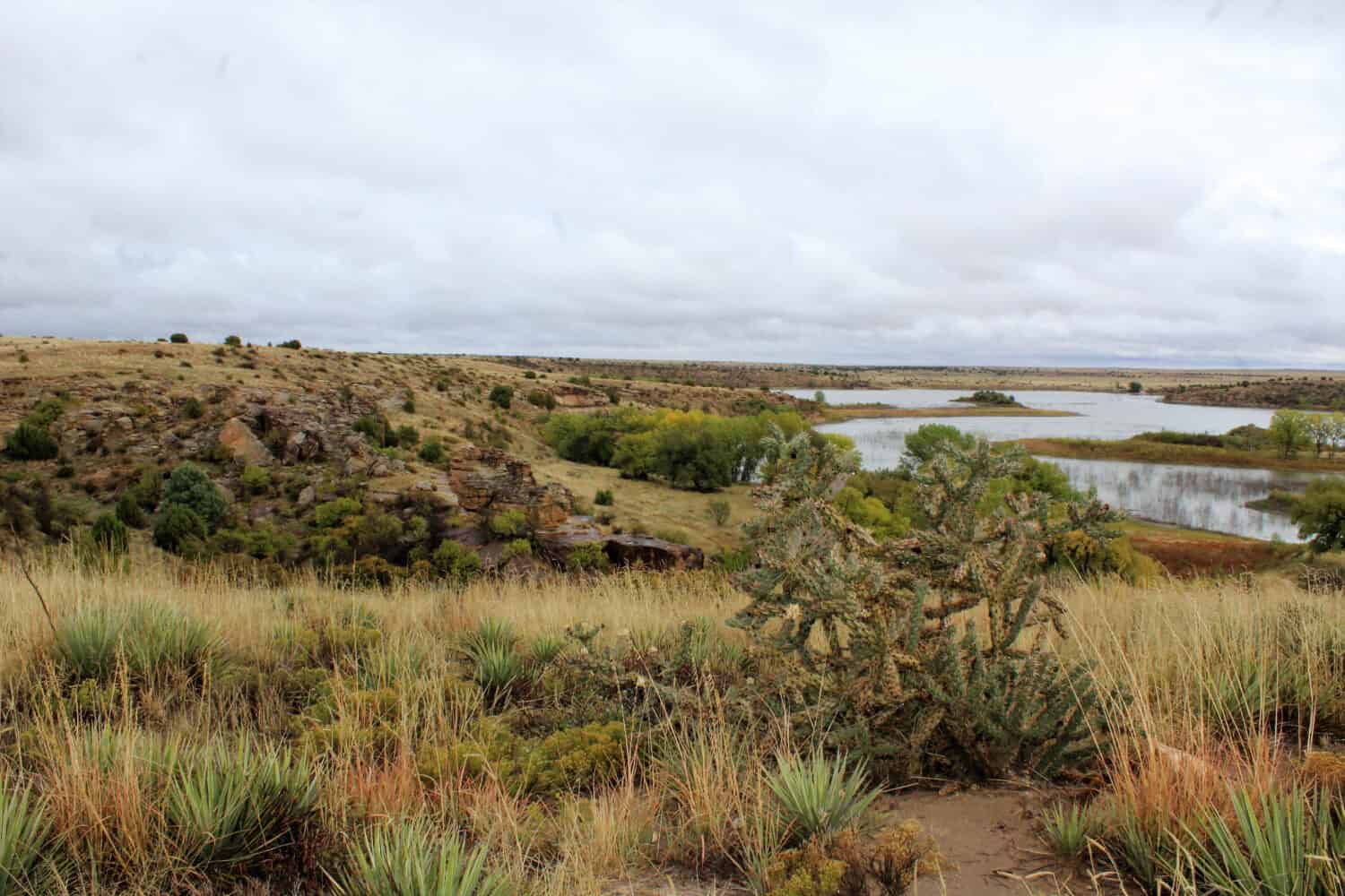 Splendida vista del lago Carl Etling dalla vista panoramica nel Black Mesa State Park nel Panhandle dell'Oklahoma