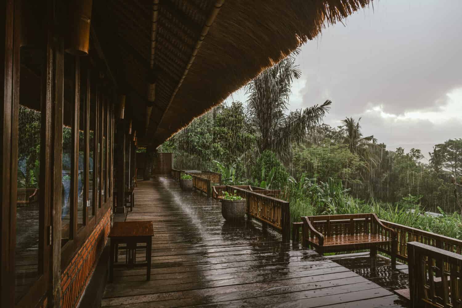 Vista panoramica sulla foresta tropicale dalla casa a causa della stagione delle piogge nell'isola di Bali 